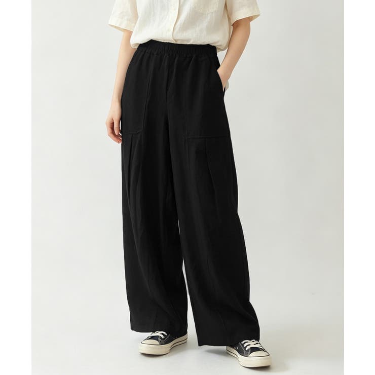ブラック | 綿麻風ワイドパンツ レディース きれいめ | Miniministore