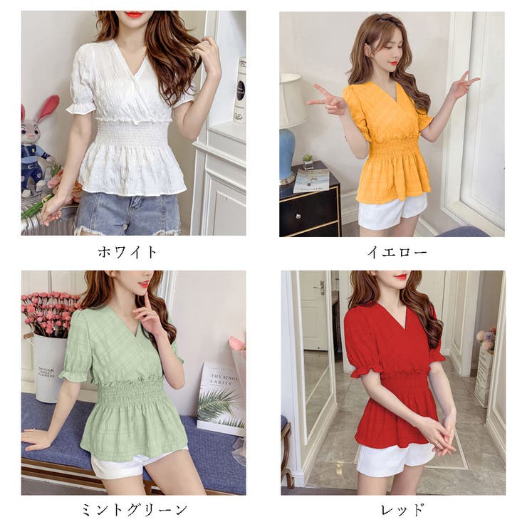 SALE! Anthropologie Vネック ペプラム半袖トップス セール】ワイドVネックペプラムトップス（Tシャツ/カットソー