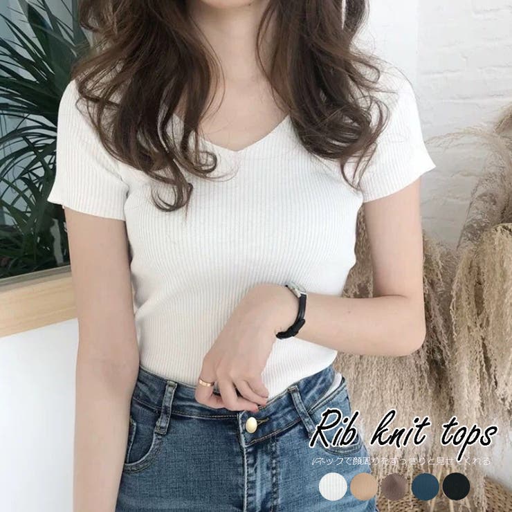 リブ タイトニット Vネック きれいめ | Miniministore | 詳細画像1 