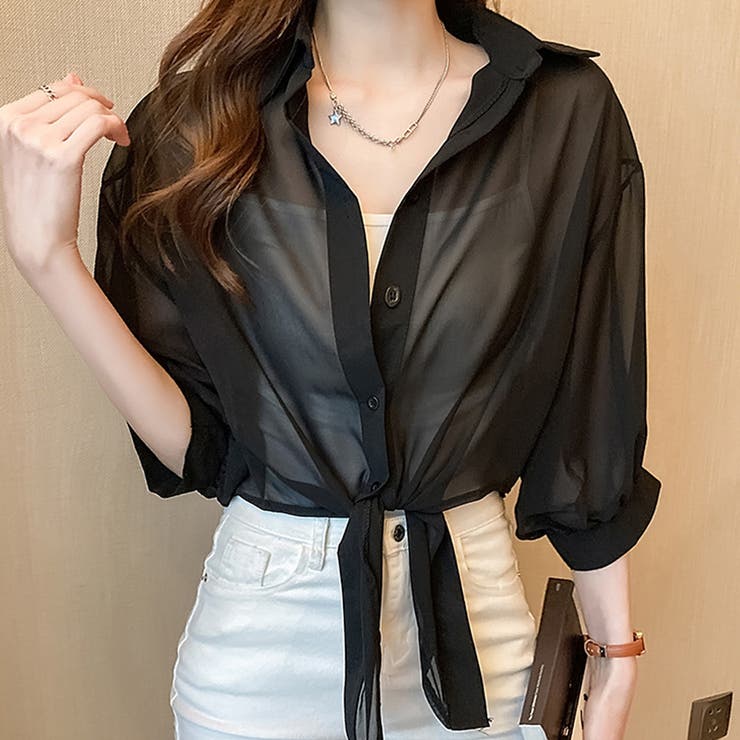 裾リボン結び シャツブラウス 韓国風