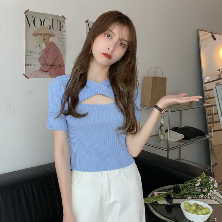 ツイスト リブニットトップス 韓国風[品番:II000007192 ツイスト リブニットトップス 韓国風[品番:II000007192