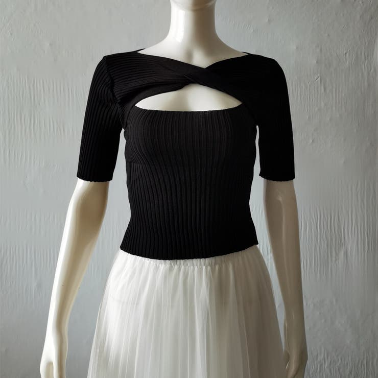 トップス YANYAN ROMY MICROSTRIPE MINI DORESS ツイスト リブニットトップス 韓国風[品番：II000007192