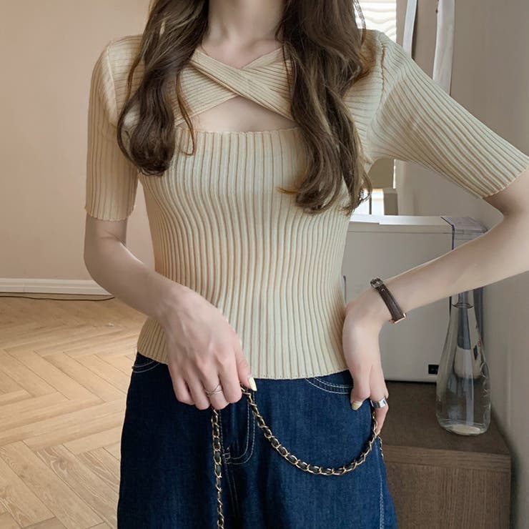 セットアップ リブニット スリム チェーン きれいめ 韓国 L2331 miniministore ニットセットアップ レディース 韓国風