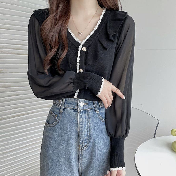 ニットトップス レディース シフォン袖[品番：II000008024