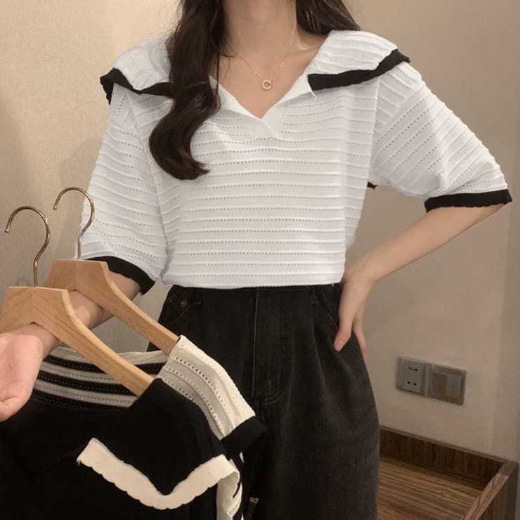 セーラーカラー サマーニット 韓国風[品番：II000009017