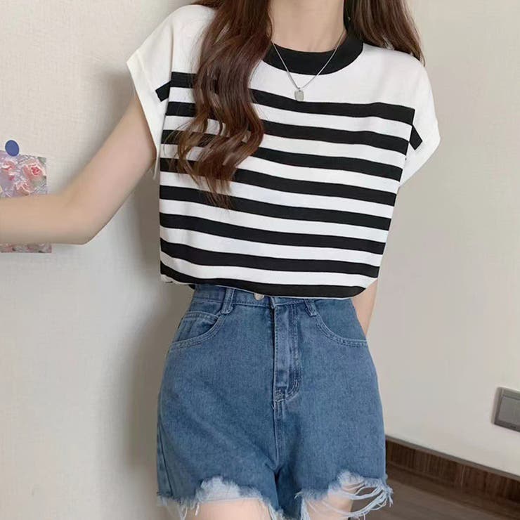 フレンチスリーブサマーニット ボーダー柄 | Miniministore | 詳細画像5 