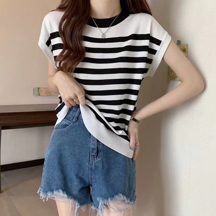 フレンチスリーブサマーニット ボーダー柄 | Miniministore | 詳細画像6 