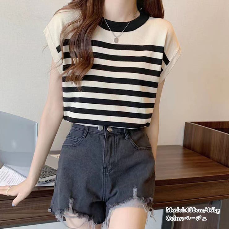 フレンチスリーブサマーニット ボーダー柄 | Miniministore | 詳細画像8 