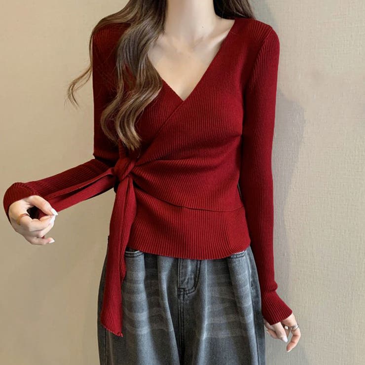カシュクールリブニットトップス 大人秋服