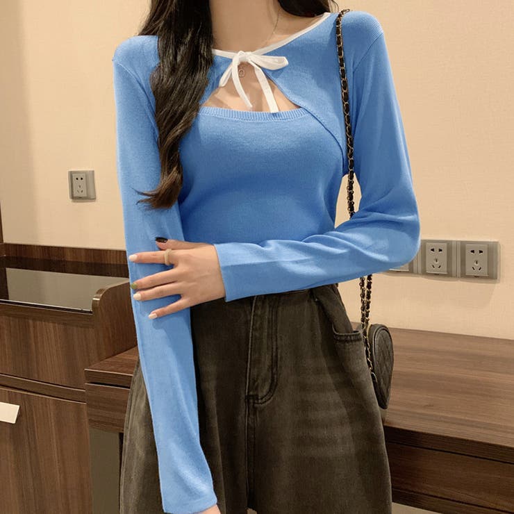 フロントオープンリボン ニットトップス[品番：II000009401