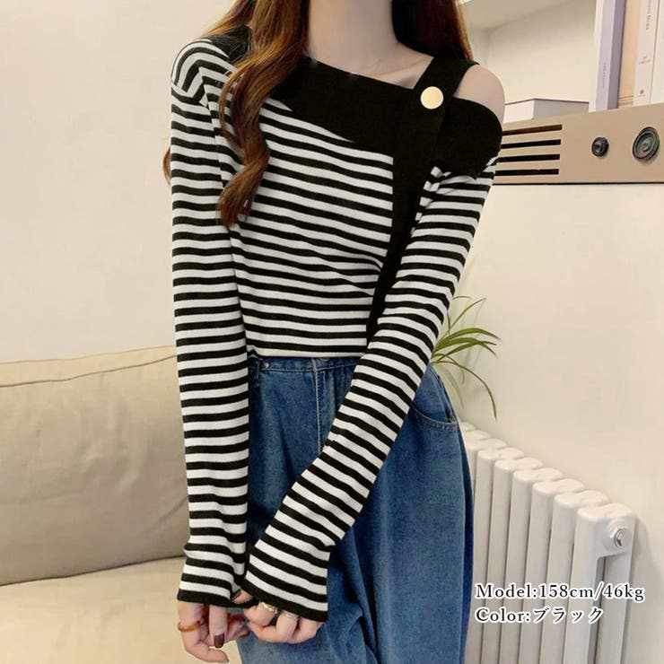 ワンショルダー ボーダー柄ニットトップス | Miniministore | 詳細画像4 