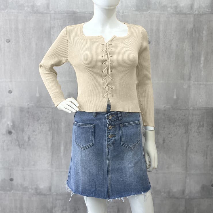 ニットトップス フロントレースアップ秋服[品番：II000010976