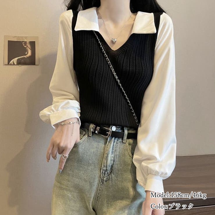 ブラウス シャツ ニットドッキングシャツ レディース ニットブラウス韓国ドッキングニットシャツ[品番：II000011023