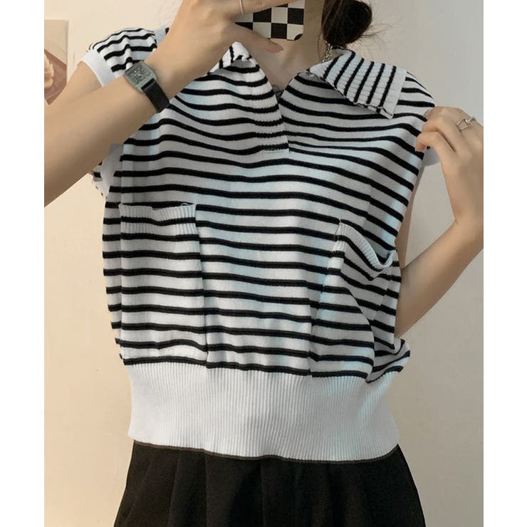 フレンチスリーブポロニット ボーダー柄 | Miniministore | 詳細画像2 