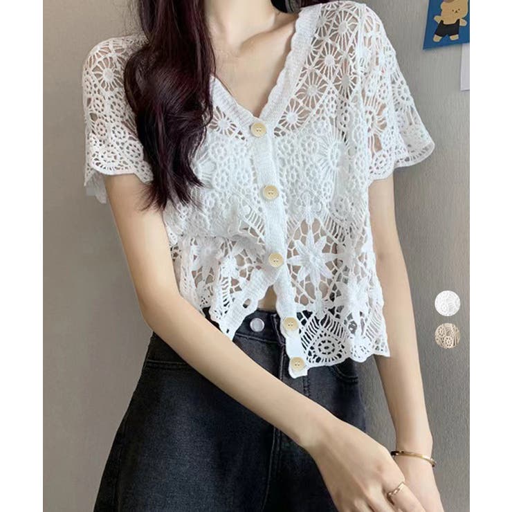 透かし編みニットカーディガン ショート丈 | Miniministore | 詳細画像1 