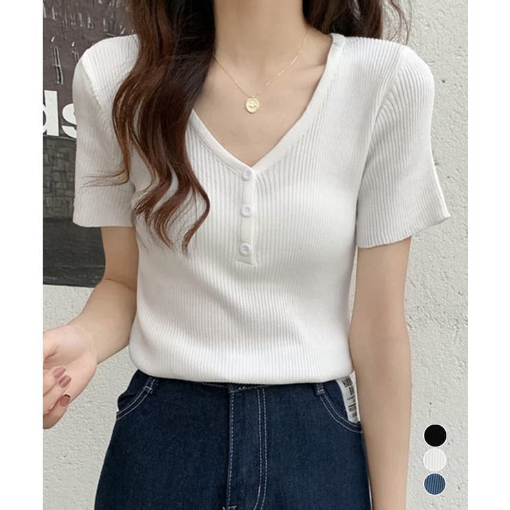 Vネックリブニットトップス 着やせ 無地 | Miniministore | 詳細画像1 