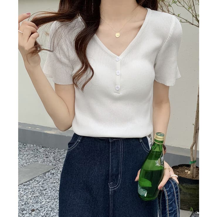 Vネックリブニットトップス 着やせ 無地 | Miniministore | 詳細画像2 
