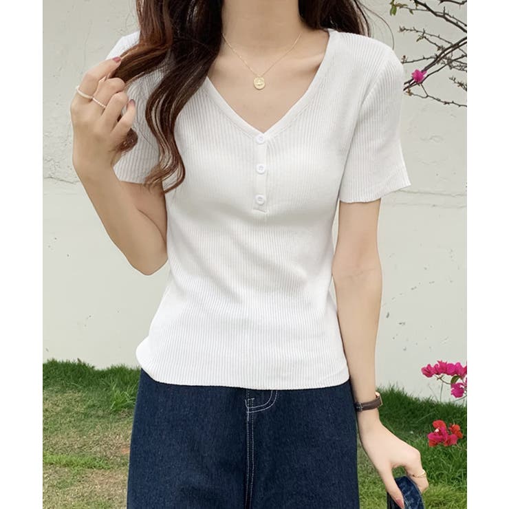 Vネックリブニットトップス 着やせ 無地 | Miniministore | 詳細画像3 