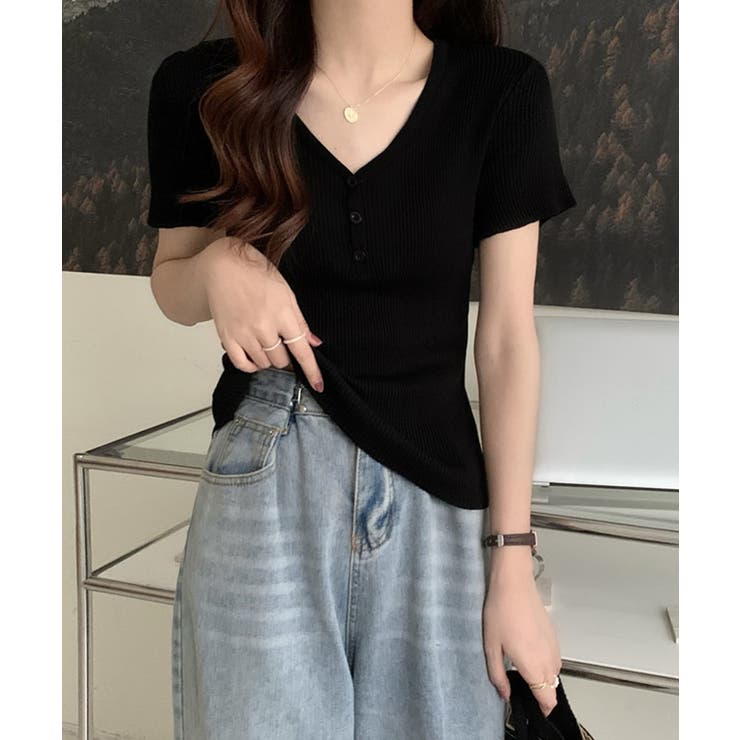 Vネックリブニットトップス 着やせ 無地 | Miniministore | 詳細画像4 