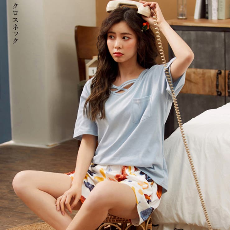 薄ブルー（クロスネック） | ルームウェア 夏 2点セットレディース半袖 | Miniministore
