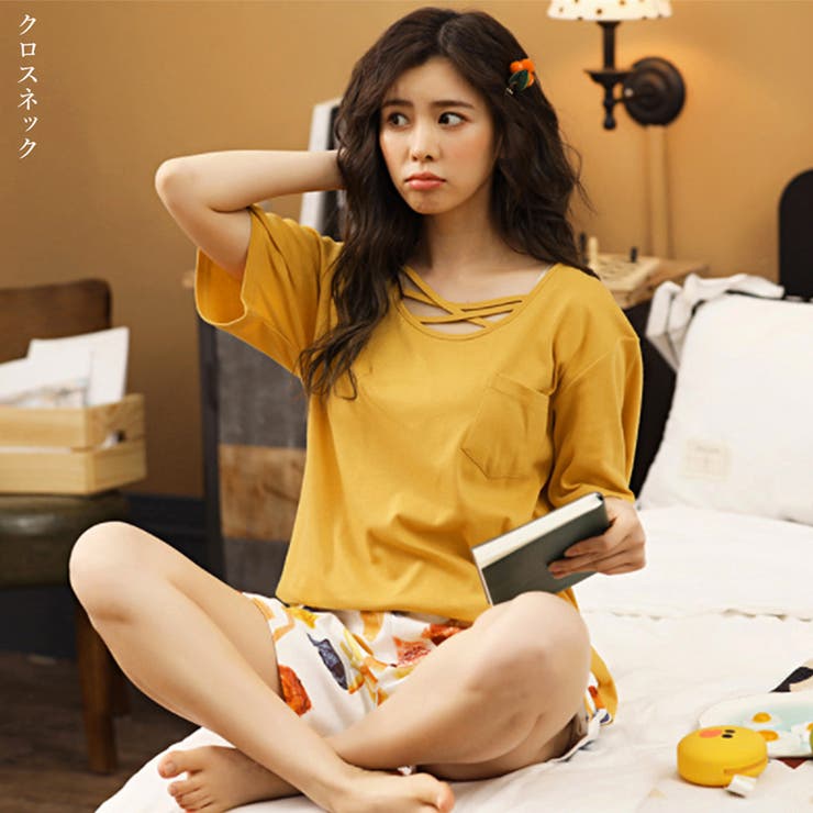 イエロー（クロスネック） | ルームウェア 夏 2点セットレディース半袖 | Miniministore