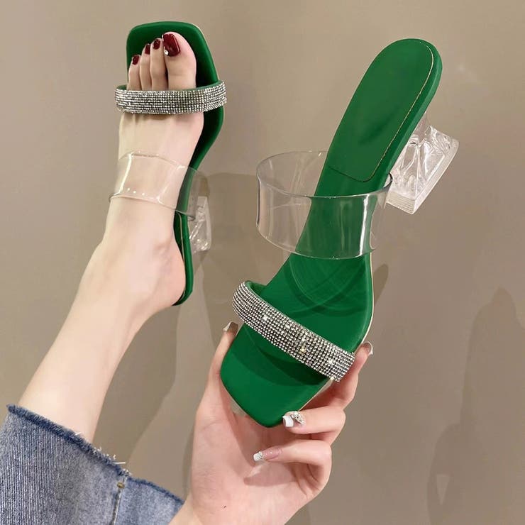 クリアヒールサンダル スクエアトゥ 美脚[品番：II000010306  