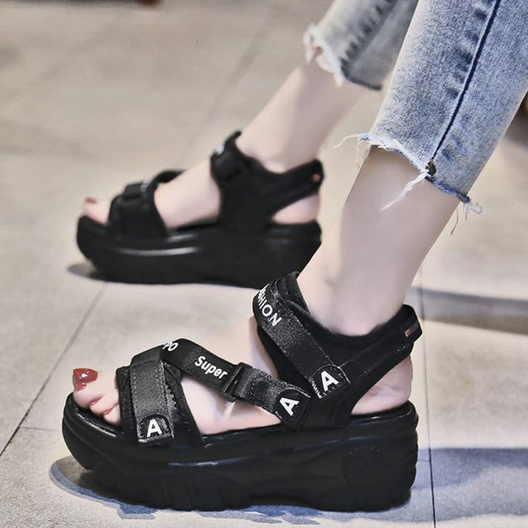 ブラック | 厚底スポーツサンダル ベルクロサンダル夏 | SUNSHINE CLOSET