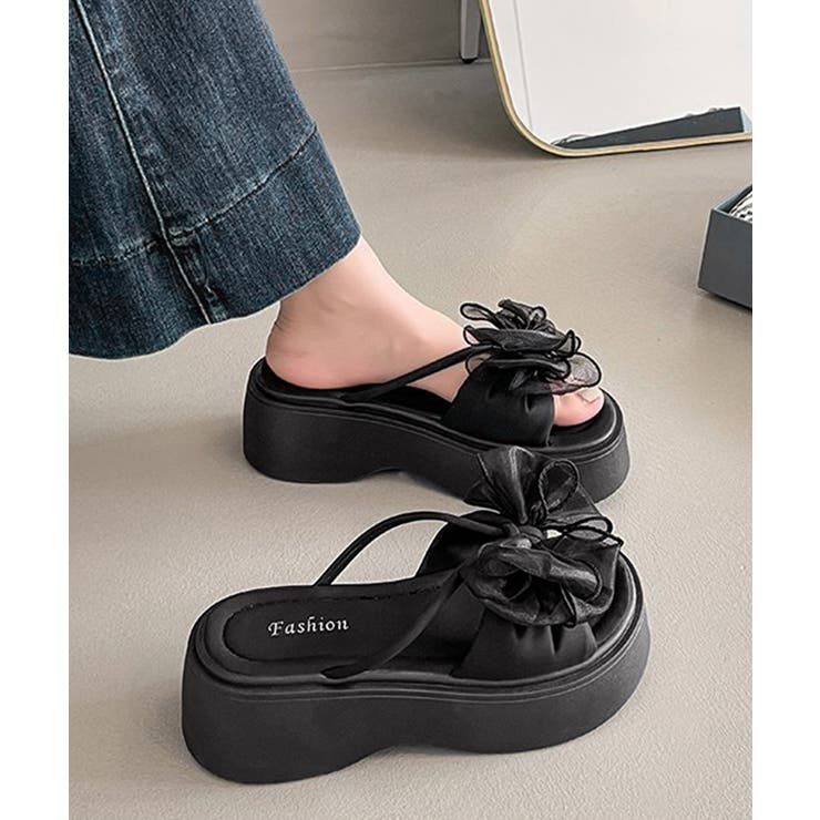 ブラック | ビッグリボン厚底サンダル 履きやすい夏靴 | SUNSHINE CLOSET