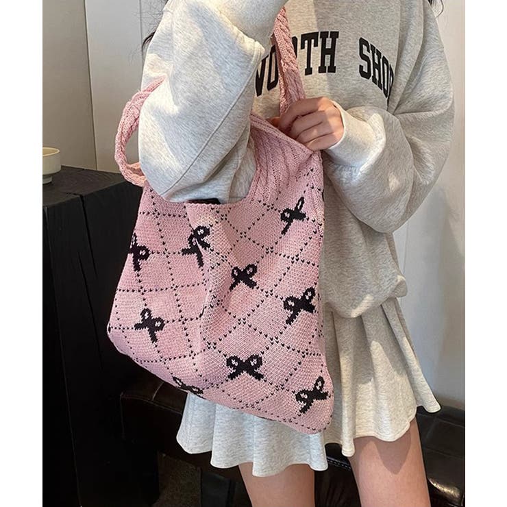 ニットトートバッグ リボン柄ニット編み鞄[品番：AGCW0005769