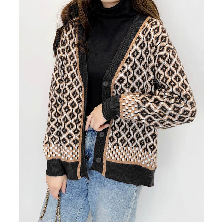 ブラック | ジャガード編みニットカーディガンVネック | Miniministore