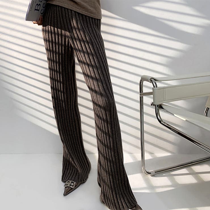 ダークブラウン | ニットパンツレディース セミフレアパンツ オフィスカジュアル | Miniministore