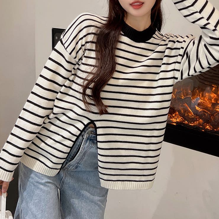 ブラック | ニットトップス フロントスリット 秋冬 | Miniministore