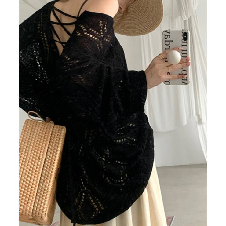 ブラック | 透かし編み ニットトップス レースアップ | Miniministore