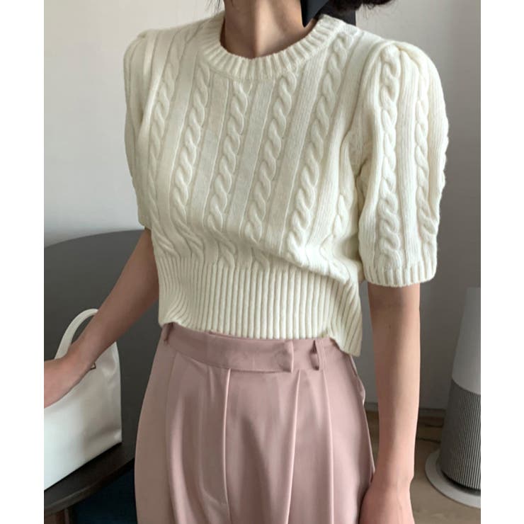 アイボリー | ケーブル編みニットトップス パフスリーブ | Miniministore