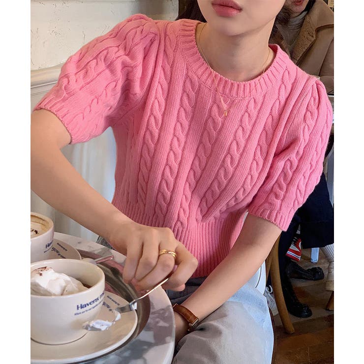 ピンク | ケーブル編みニットトップス パフスリーブ | Miniministore