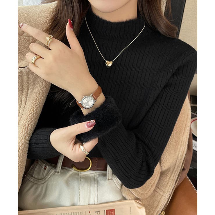ブラック | 裏起毛 プチハイネックニットトップス厚手 | SUNSHINE CLOSET