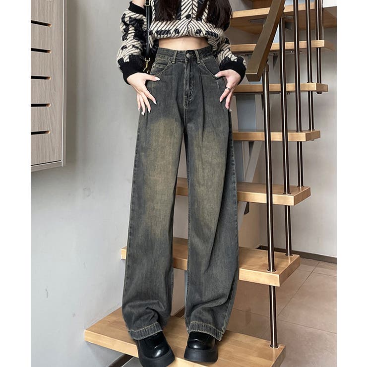 ブルーグレー | ヴィンテージタックワイドデニムパンツ脚長 | Miniministore