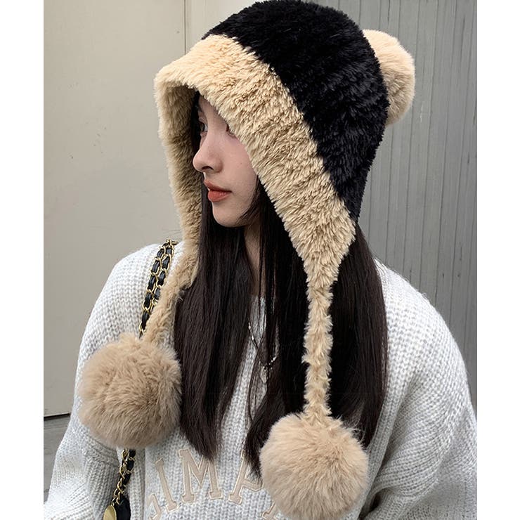 ブラック | ポンポン付き もこもこニット帽子あったか | Miniministore