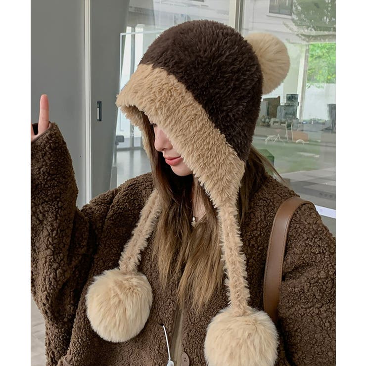 ブラウン | ポンポン付き もこもこニット帽子あったか | Miniministore