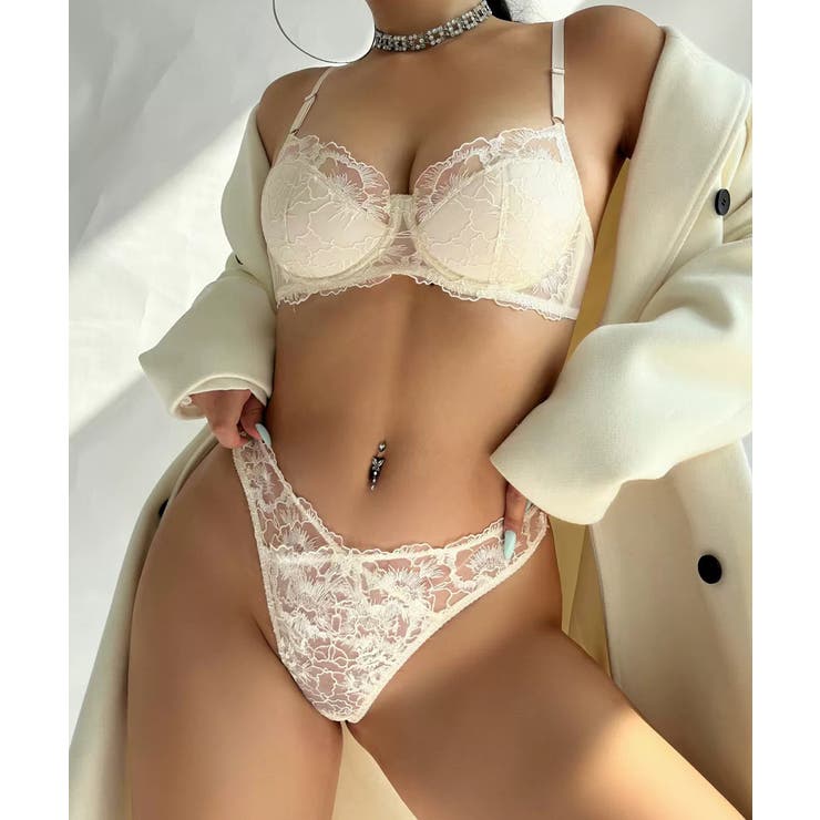 アイボリー | 花柄レースブラ＆ショーツセット セクシー | Miniministore