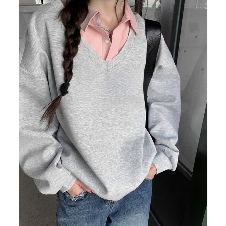 グレー*ピンク | シャツ襟切り替えスウェットレディース長袖 | SUNSHINE CLOSET