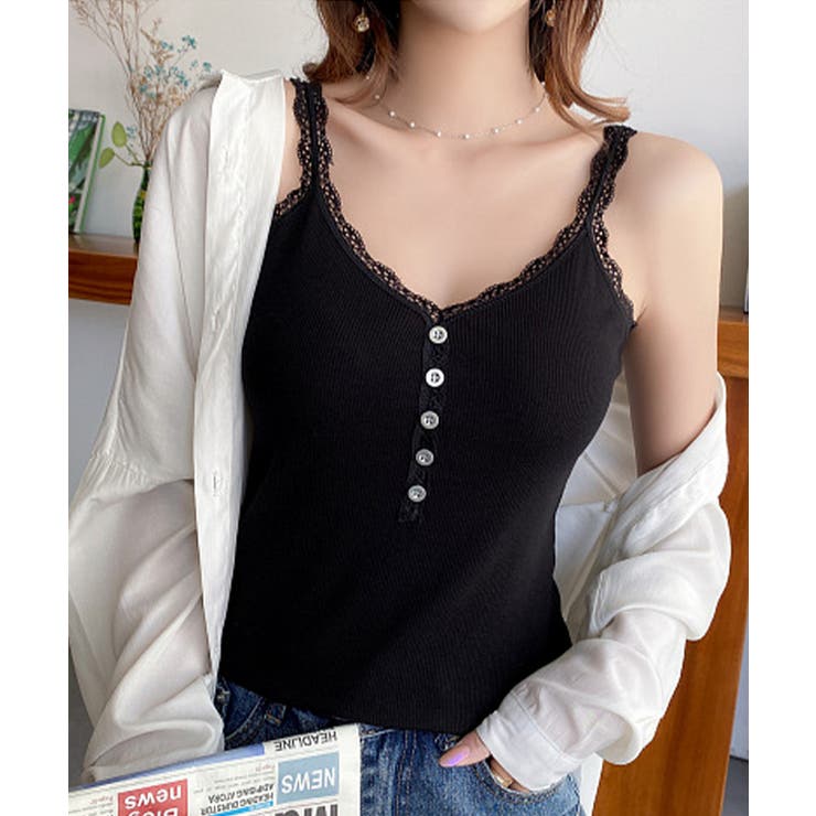 ブラック | レースリブキャミソールフロントボタン夏服 | Miniministore