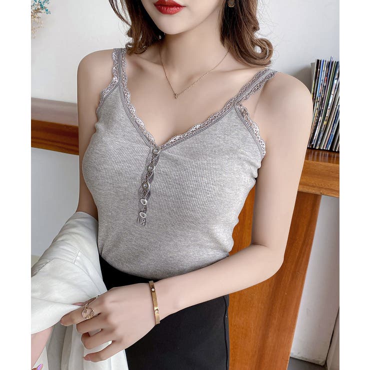 グレー | レースリブキャミソールフロントボタン夏服 | Miniministore