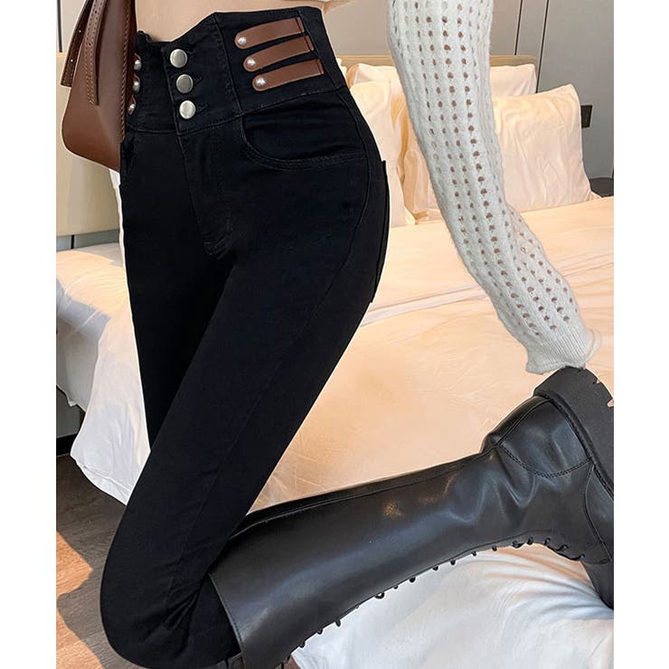 ブラック | ベルトデザイン スキニーデニムパンツ美脚 | Miniministore