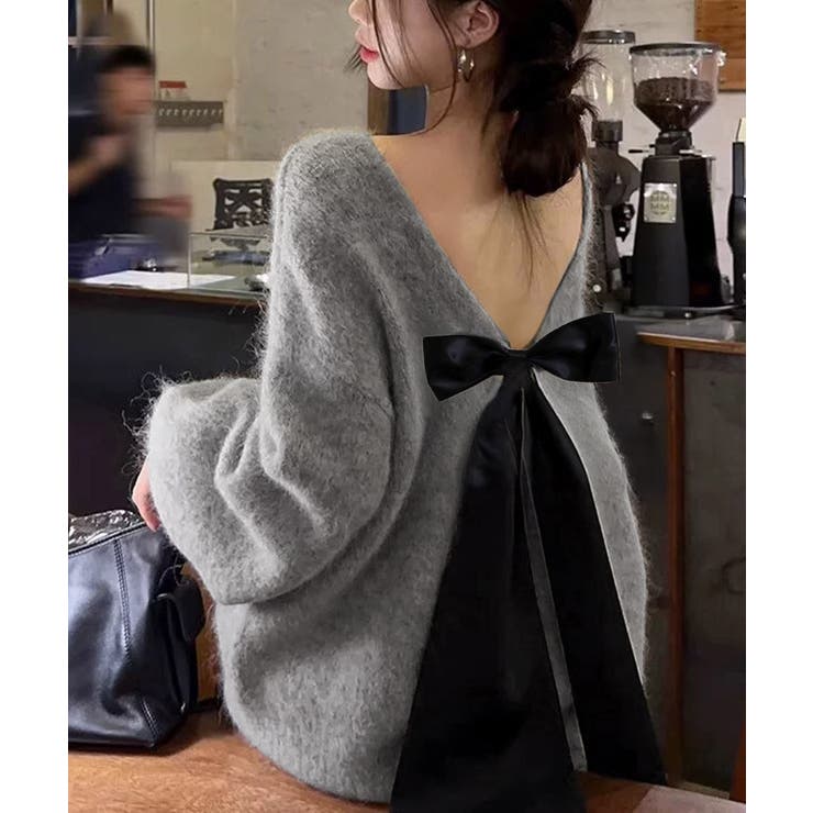 グレー | バックオープンリボンニットトップス韓国風 | Miniministore