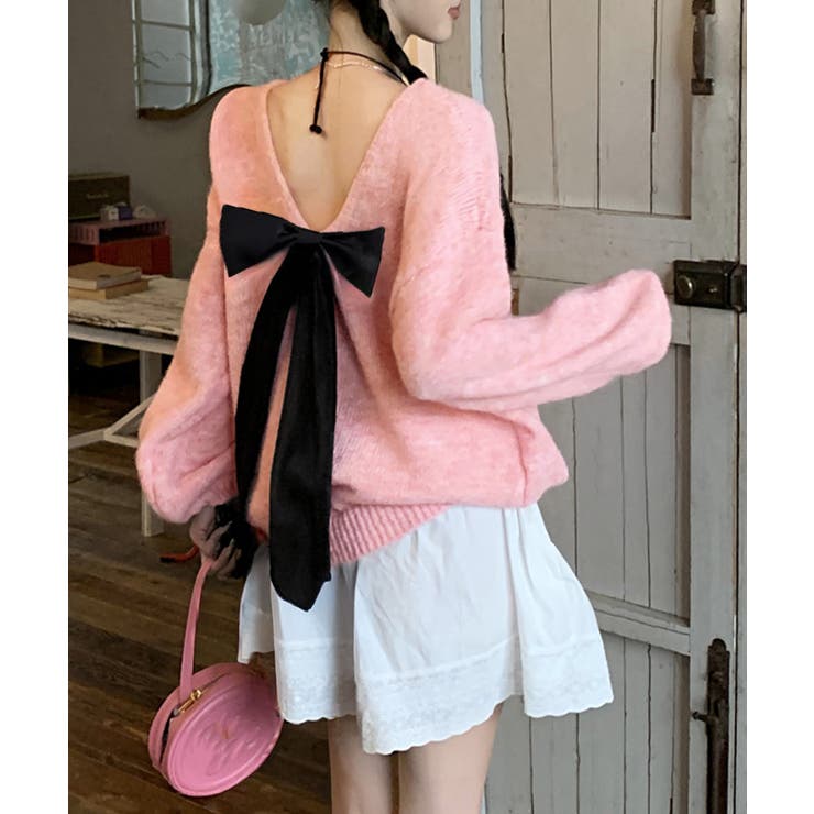 ピンク | バックオープンリボンニットトップス韓国風 | Miniministore