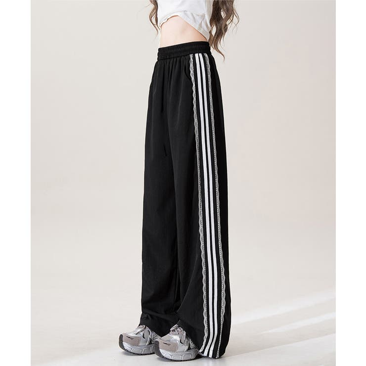ブラック | サイドライントラックパンツ夏ワイドパンツ | Miniministore