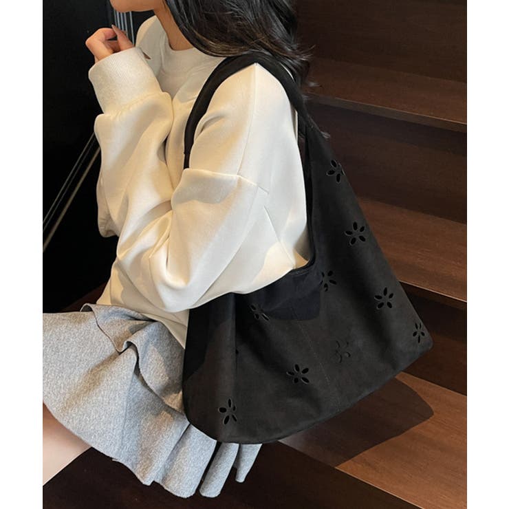 ブラック | 花柄カットスエード調トートバッグポーチ付 | Miniministore