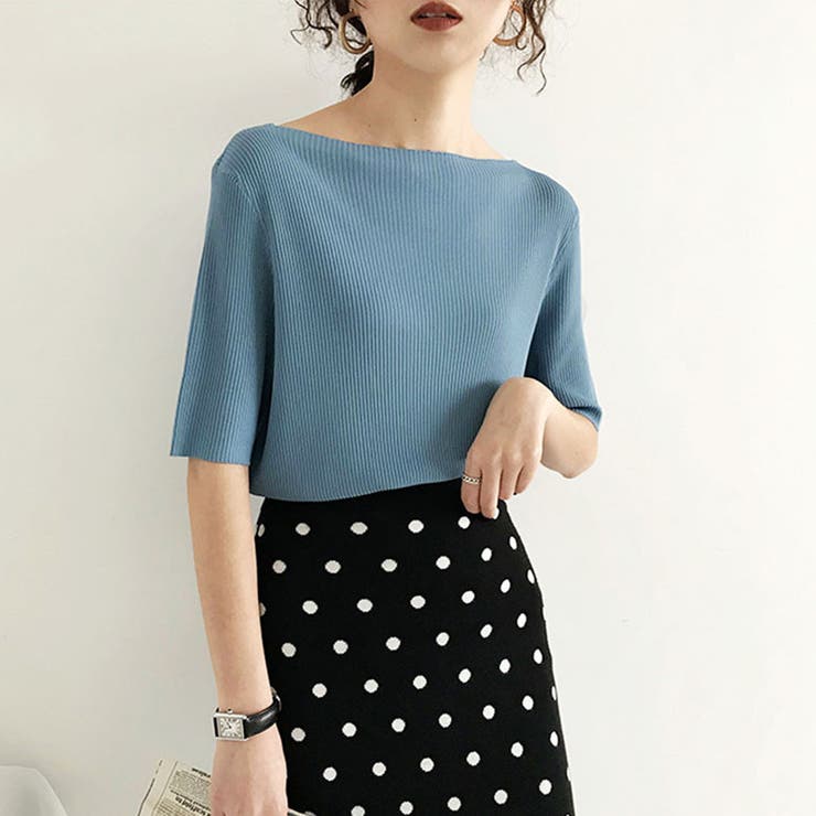ボートネック*ブルー | 5分袖リブニット夏服トップス レディース | Miniministore
