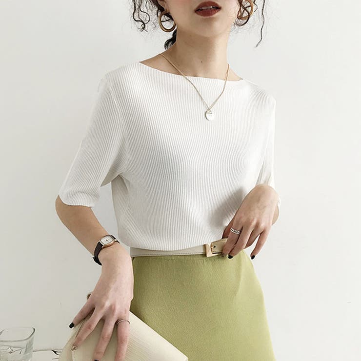 ボートネック*ホワイト | 5分袖リブニット夏服トップス レディース | Miniministore
